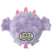 Purple fuzzy Fart Monsters Tootles plush toy with pink spikes and green logo