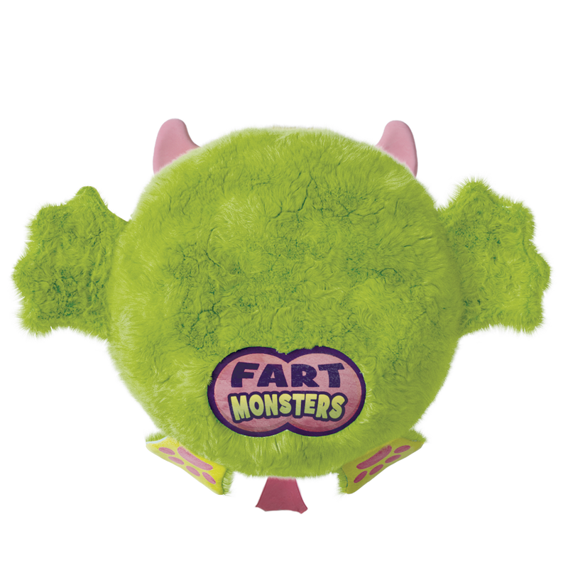 Green fuzzy Fart Monsters plush toy with pink ears and feet on white background