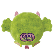 Green furry Fart Monsters Tootles plush toy with pink ears and feet on transparent background