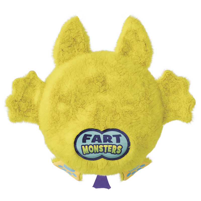 Yellow furry Fart Monsters Fizzler plush toy with monster ears and arms