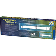 My Discovery Telescope product box by Thames & Kosmos showing telescope components and features