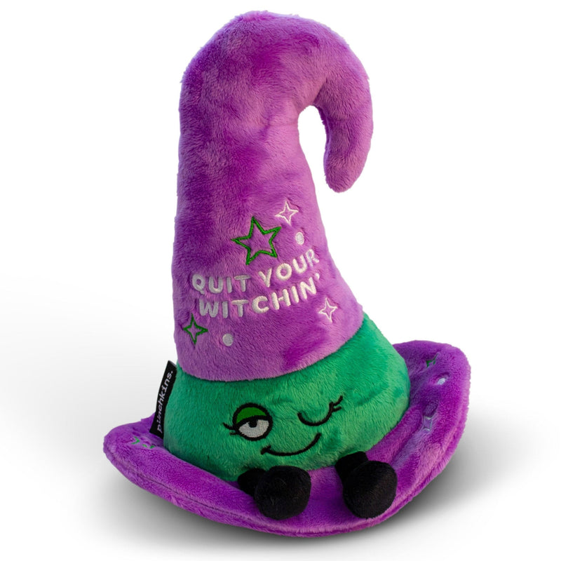Purple witch hat plushie with green face and 'Quit Your Witchin'' text embroidered