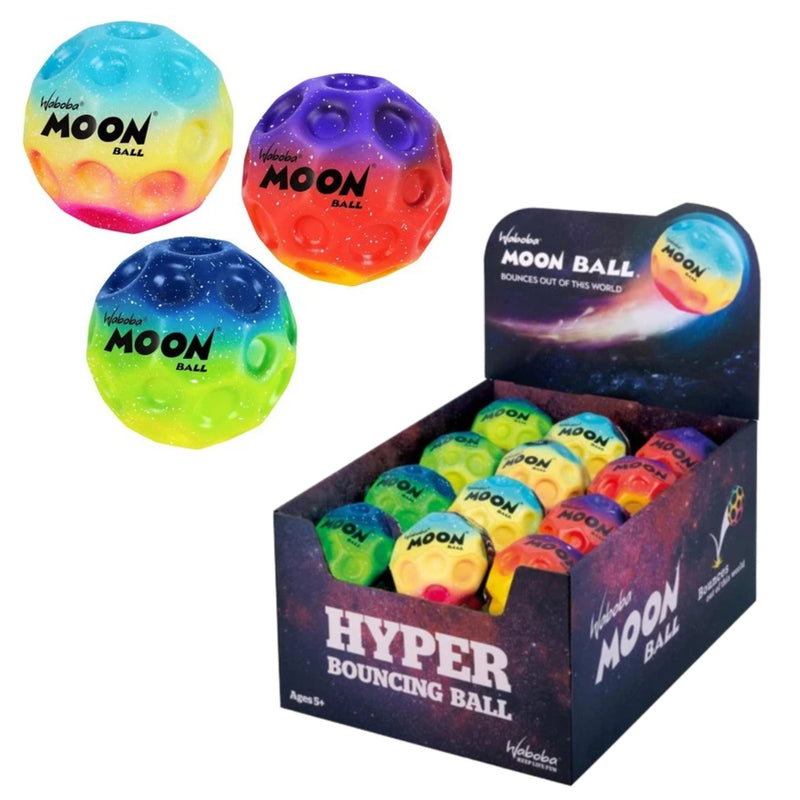 A display box filled with colorful bouncing balls, with three larger example balls shown floating above. The balls are labeled 'Invisible Moon Ball' and feature a rainbow gradient with moon crater details.
