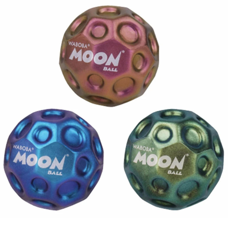 Three metallic iridescent massage balls labeled 'WABOBA MOON BALL' in pink, blue, and green tones on a plain white background.