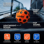 Graphic showing features of the original Moon Ball.  Also shows benefits of hand/eye coordination, great party favor, mood booster and fun for sports on a gray  shaded background.