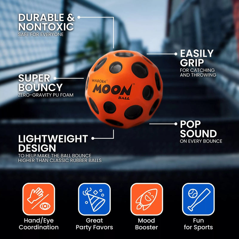 Graphic showing features of the original Moon Ball.  Also shows benefits of hand/eye coordination, great party favor, mood booster and fun for sports on a gray  shaded background.