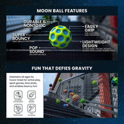 Green and blue Moon Ball illustrating features:  durable & nontoxic, easy grip, super bouncy, pop sound and lightweight design.