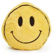A round yellow plush smiley face pillow with black embroidered eyes and a curved smile, shown on a plain white background.
