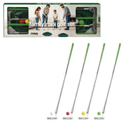 Family mini golf set shown with its retail box at the top and four individual putters with green handles and small golf balls at the bottom on a white background.