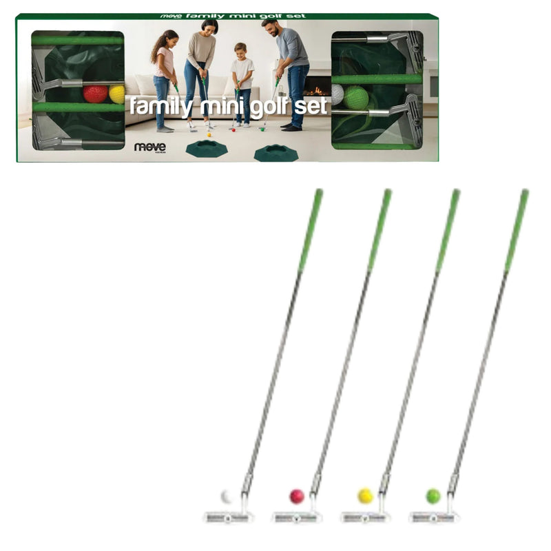 Family mini golf set shown with its retail box at the top and four individual putters with green handles and small golf balls at the bottom on a white background.