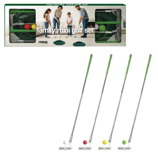 Family mini golf set shown with its retail box at the top and four individual putters with green handles and small golf balls at the bottom on a white background.