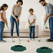 Family playing indoor mini golf together in a living room.