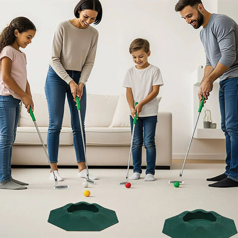 Family playing indoor mini golf together in a living room.