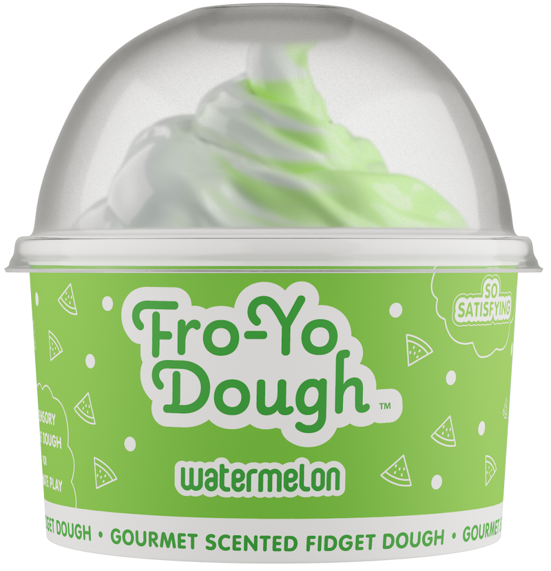 Fro-Yo Dough watermelon scented fidget dough in clear container with green label