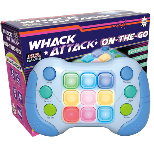 Colorful toy controller with colorful buttons on a box labeled 'Whack Attack On-The-Go'.