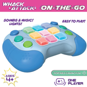Picture of toy controller with guidance on colorful buttons and text on a pink and white background.