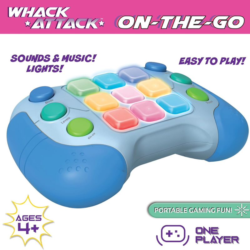 Picture of toy controller with guidance on colorful buttons and text on a pink and white background.