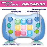 Toy controller with colorful buttons and labeled features on a white background