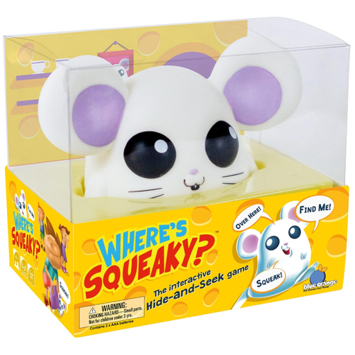 Box of 'Where's Squeaky?' interactive hide-and-seek game with a mouse-like character.