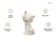 White Tonie figure of sleeping cat with star on professional background with feature callouts