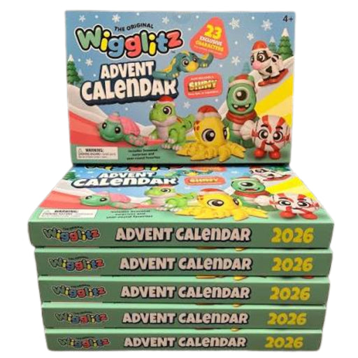 The front cover of the 2026 Wigglitz Advent Cover showing several holiday Wigglitz items on a white background.