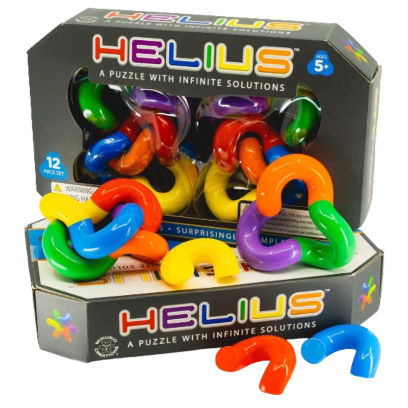 Packaging of a brain teaser puzzle with infiinate solutions.  Magnetic pieces connect.  Colors are red, green, blue, yellow & purple.