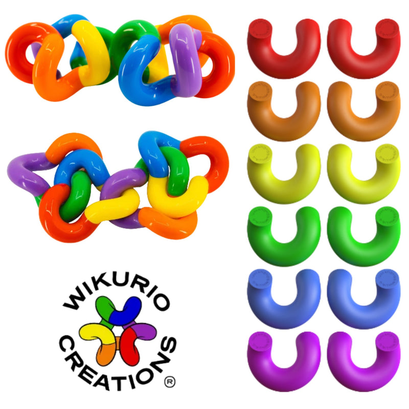 Indivdual horseshoe shaped pieces of a brain teaser puzzle with infiinate solutions.  Magnetic pieces connect.  Colors are red, green, blue, yellow & purple.