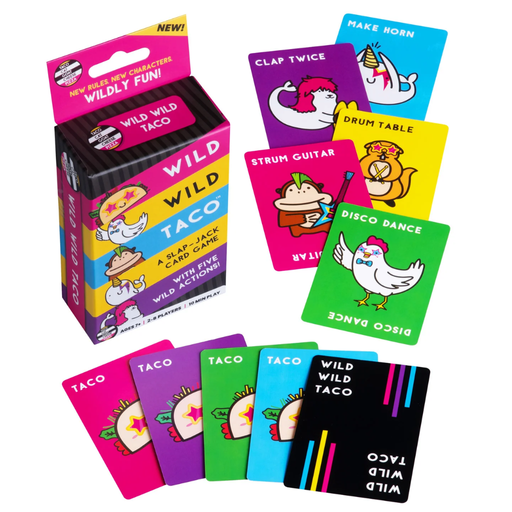 Card game packaging with colorful cards featuring cartoon characters on a white background.