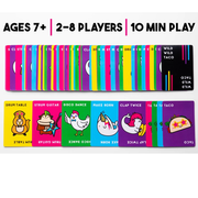 Colorful game cards with various illustrations and text showing age and play time on a white background.