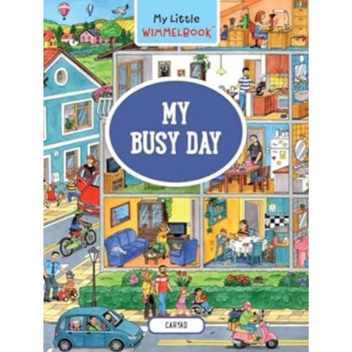 My Big Wimmelbook My Busy Day children's book cover showing colorful illustrated apartment building cross-section.