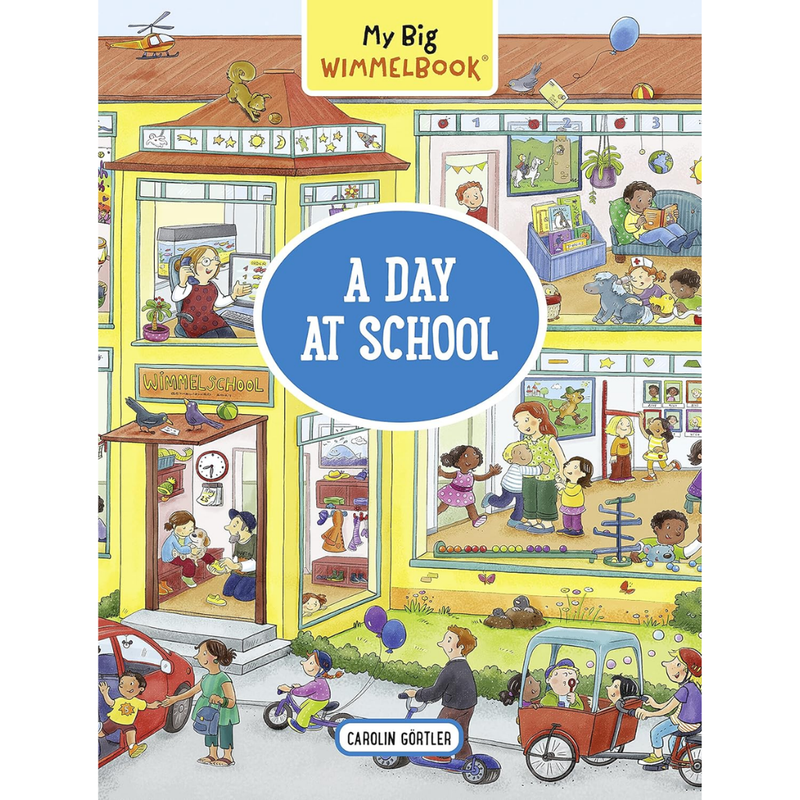 Book cover of 'A Day at School' by Carolin Gortlea with illustrations of a school and children.