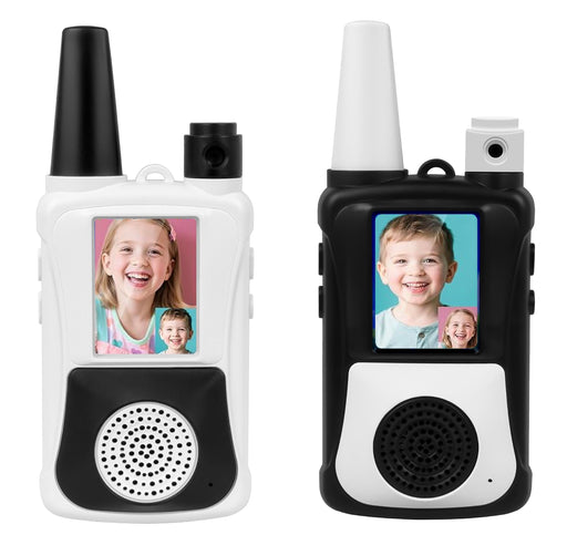 Black and white Video Walkie Talkie set showing live color video screens