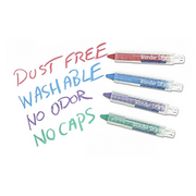 Four Wonder Stix markers in red, blue, purple, and green showing dust-free washable no-caps features