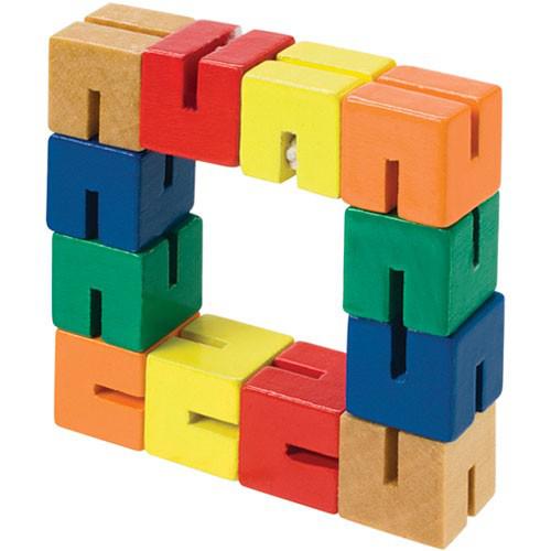 Colorful wooden interlocking puzzle blocks arranged in square frame formation