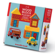 Crocodile Creek Wood Block Playset packaging showing colorful city buildings and vehicles