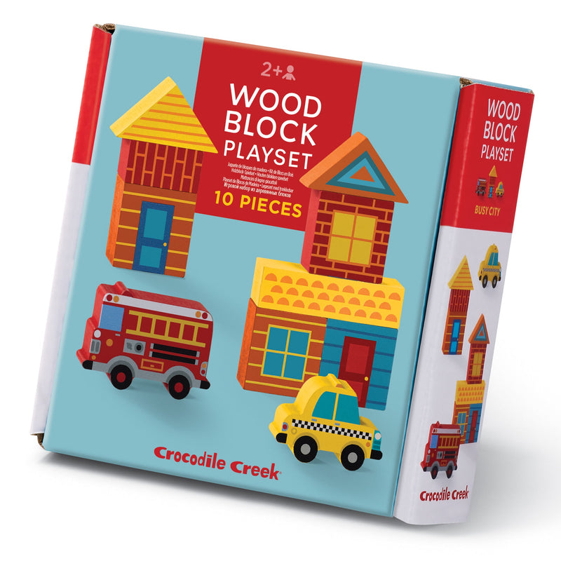 Crocodile Creek Wood Block Playset packaging showing colorful city buildings and vehicles