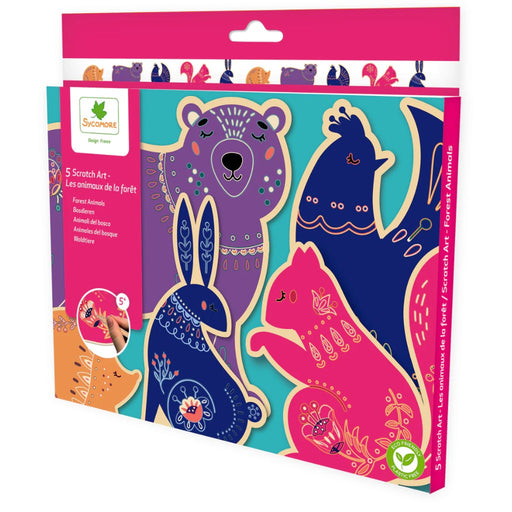 Packaging of Scratch Art with forest animal designs on a white background