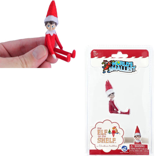 A hand holds a miniature red and white elf figurine on the left, while the packaged product labeled World's Smallest 'The Elf on the Shelf' appears in retail packaging on the right against a white background.