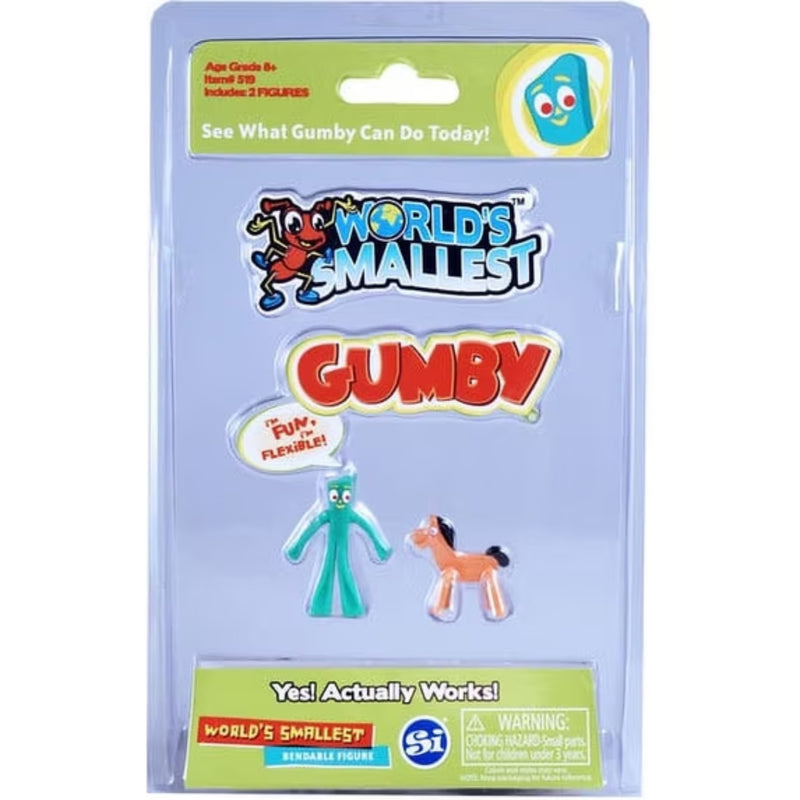 World's Smallest Gumby figure set in retail blister packaging, showing the packaged toy and the visible Gumby character figure inside a clear plastic case on a white background.