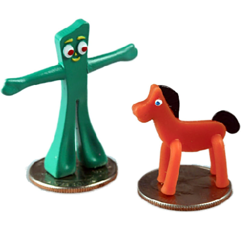 Gumby and Pokey on coin bases against a plain white background: a tall green character figure with arms outstretched and a red-orange horse figure with a dark mane and tail.