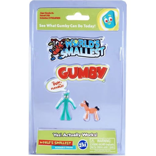 World's Smallest Gumby figure set in retail blister packaging, showing the packaged toy and the visible Gumby character figure inside a clear plastic case on a white background.