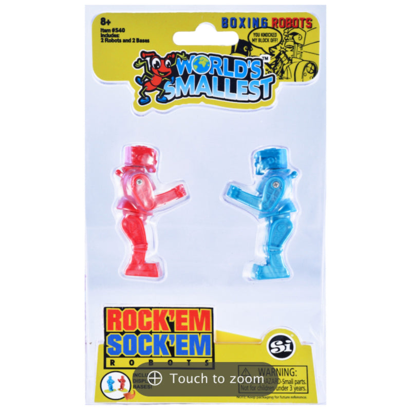 Pack of two 'World's Sallest' boxing robots by Rock 'Em Sock 'Em Robots, featuring one red robot and one blue robot in clear blister packaging.
