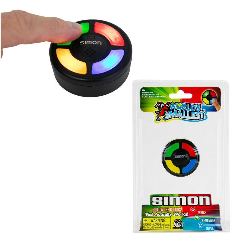 A small round black toy light-up game device with four colored buttons is shown being pressed by a human hand, alongside its retail packaging card. The package reads 'World's Smallest Simon' and shows the same toy through a clear window.