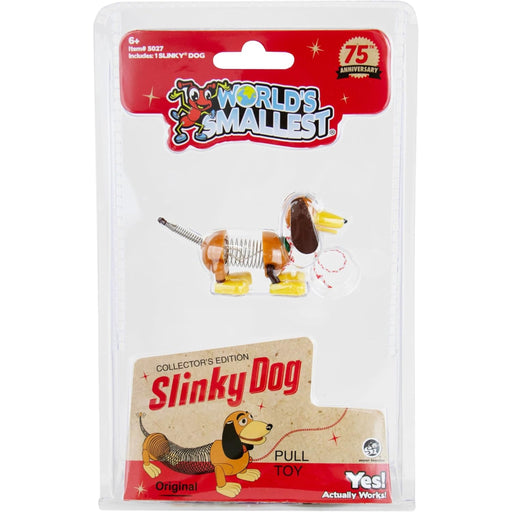 Slinky Dog collector's edition pull toy in its original blister packaging, featuring a 75th anniversary badge and a cartoon dachshund illustration.
