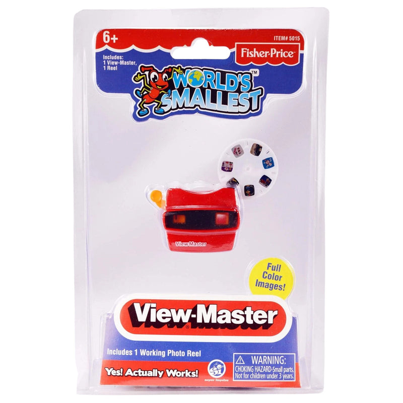 Fisher-Price World's Smallest View-Master toy in its original retail blister packaging, featuring a red photo reel and a small camera-like holder with a circular dial.
