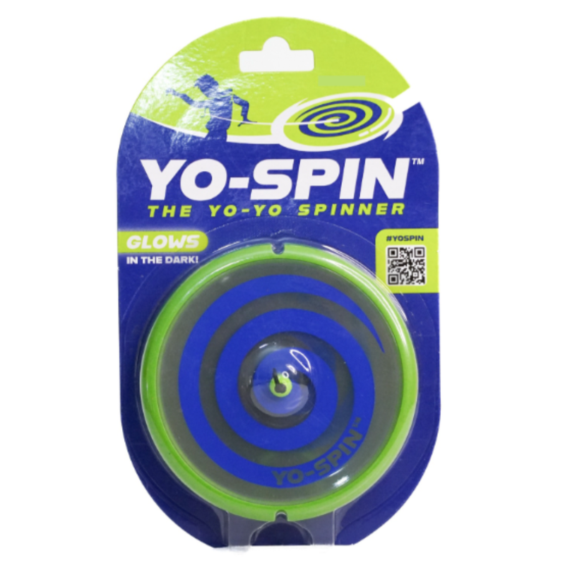 YO-SPIN yo-yo spinner packaging with blue and green design on a white background.