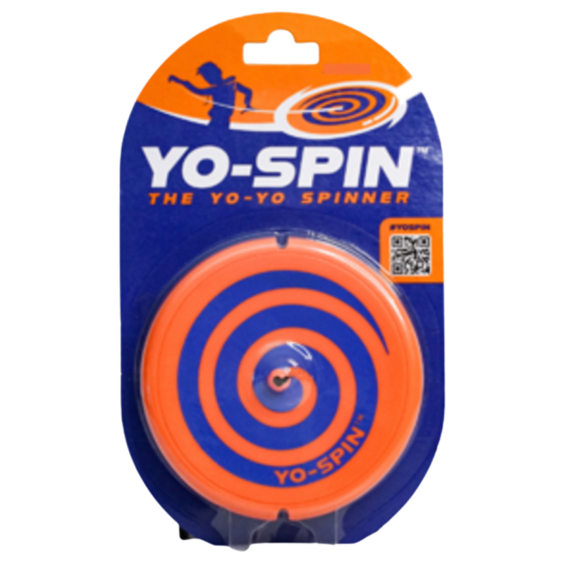 Orange and blue yo-yo spinner in packaging with 'YO-SPIN' branding.
