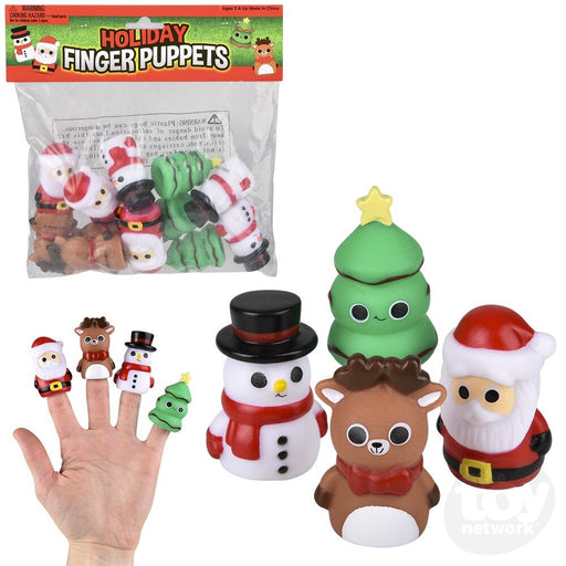 Holiday finger puppets set with Santa, snowman, reindeer, Christmas tree characters and packaging