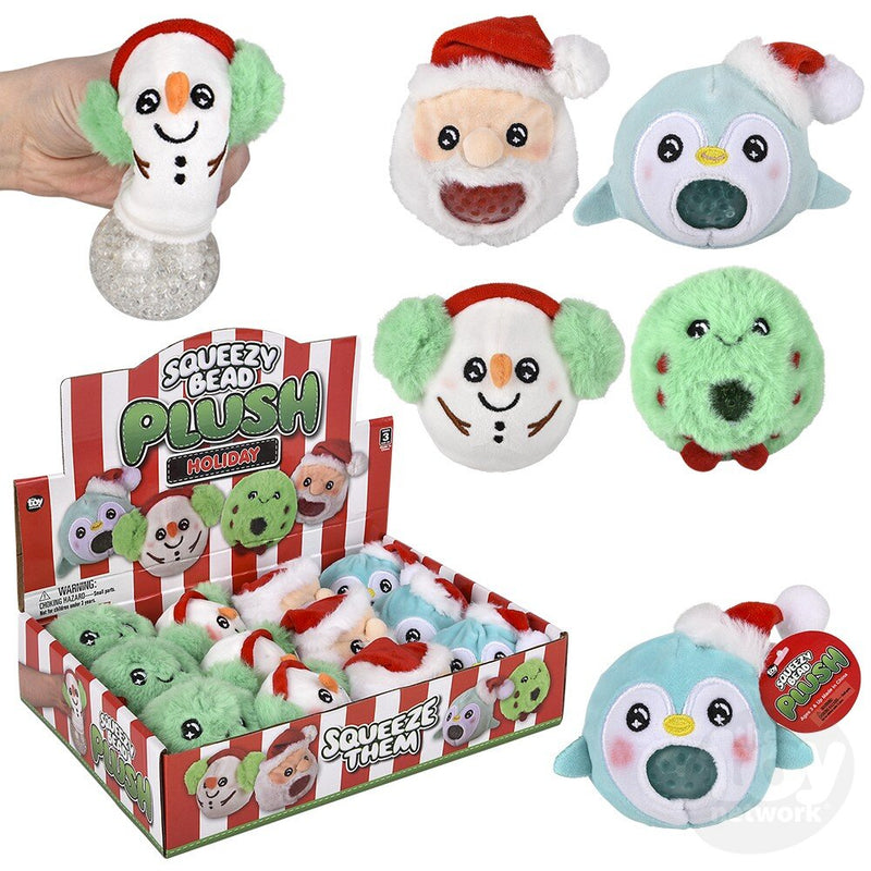 Holiday themed squeezy bead plush toys including snowman, Santa, penguin, and Christmas tree designs