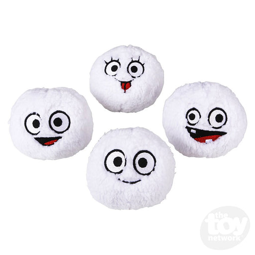 Four white fluffy plush snowball toys with embroidered cartoon faces showing different expressions